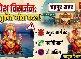चंद्रपुरात गणेश विसर्जन मिरवणुकीनिमित्त वाहतुकीत मोठा बदल; मुख्य मार्ग बंद, ‘नो पार्किंग’ व ‘नो हॉकर्स’ झोन जाहीर